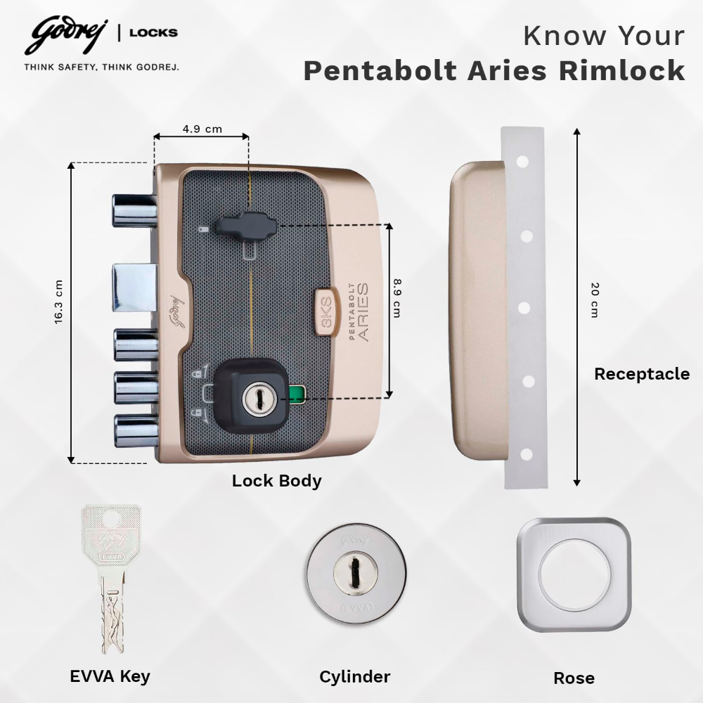 Godrej Rim Lock I Pentabolt Aries 3KS I 5 Bolts I 2C Deadbolt I For Inside Opening Door | LeftorRight Handed Doors I 4 Keys I 15-Year Warranty I Manual Locking I Vegas Gold Finish